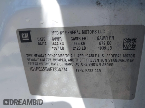 2014 Chevrolet Cruze 1LT with VIN 1G1PC5SB4E7354774, listed as a IAAI auction lot 42104388 with 136,532 mi miles and . Bid and sale history available at DreamBid. Image 9.