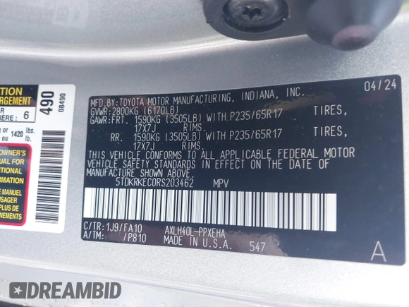 2024 Toyota Sienna LE z VIN 5TDKRKEC0RS203462, wystawiony jako IAAI lot #42240548 z przebiegiem 28 038 mil mil oraz . Historia ofert i sprzedaży dostępna na DreamBid. Obrazek 9.