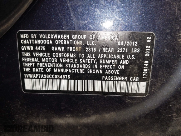 2012 Volkswagen Passat S w/Appearance with VIN 1VWAP7A36CC084875, listed as a IAAI auction lot 42088548 with 191,002 mi miles. Bid and sale history available at carsss.com. Image 9.