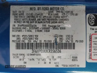 2012 Ford Fusion SEL with VIN 3FAHP0JAXCR356536, listed as a IAAI auction lot 42610176 with 118,728 mi miles and . Bid and sale history available at DreamBid. Image 9.