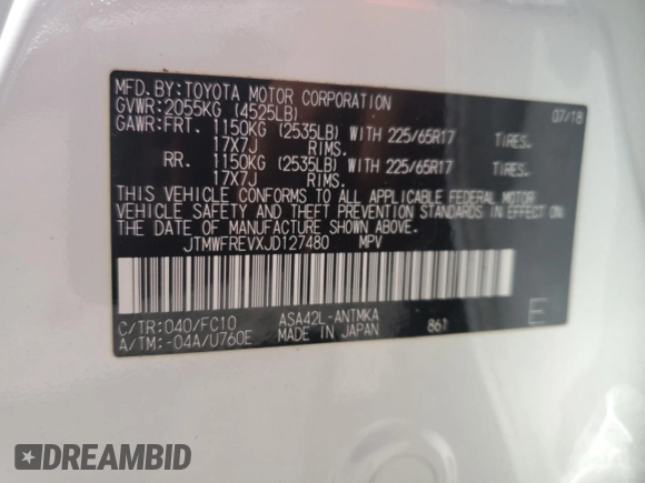 2018 Toyota RAV4 XLE z VIN JTMWFREVXJD127480, wystawiony jako Copart lot #61004625 z przebiegiem 33 179 mil mil oraz Szkoda całkowita • Salvage title. Historia ofert i sprzedaży dostępna na DreamBid. Obrazek 13.