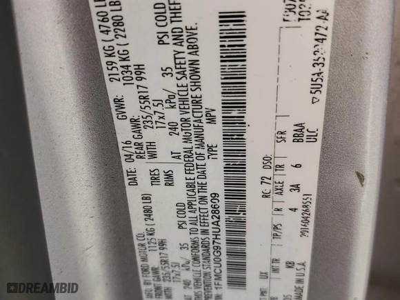 2017 Ford Escape SE with VIN 1FMCU0G97HUA28609, listed as a Copart auction lot 51660915 with 139,177 mi miles and Clean Title. Bid and sale history available at carsss.com. Image 13.