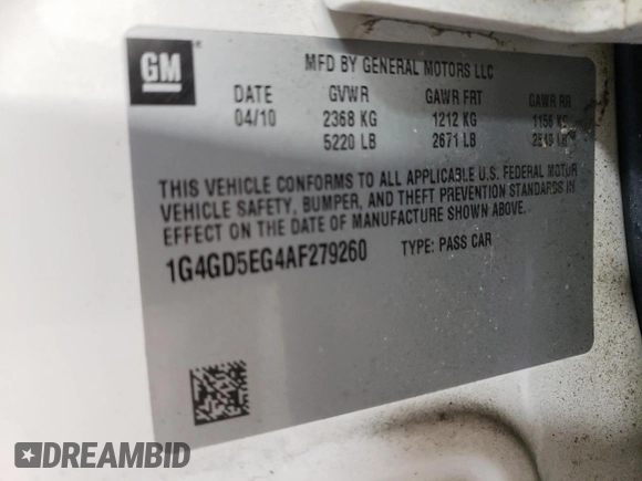 2010 Buick LaCrosse CXL с VIN 1G4GD5EG4AF279260, выставлен на аукционе Copart как лот 44590955 с пробегом 71 481 миль миль и Списание • Salvage title. История ставок и продаж доступна на DreamBid. Изображение 12.