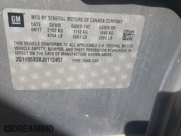 2018 Chevrolet Impala LT with VIN 2G1105S3XJ9112457, listed as a Copart auction lot 50535855 with Not Provided miles and Salvage Title. Bid and sale history available at DreamBid. Image 12.