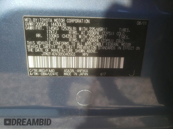 2011 Toyota RAV4 with VIN JTMZF4DV3B5040503, listed as a Copart auction lot 47469335 with 113,706 mi miles and Salvage Title. Bid and sale history available at DreamBid. Image 13.