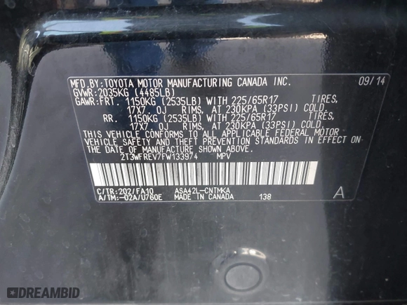 2015 Toyota RAV4 XLE with VIN 2T3WFREV7FW133974, listed as a IAAI auction lot 41818894 with 118,296 mi miles. Bid and sale history available at carsss.com. Image 9.