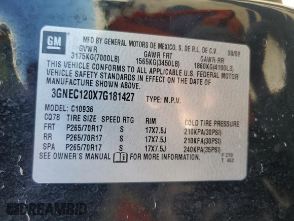 2007 Chevrolet Avalanche LT w/3LT with VIN 3GNEC120X7G181427, listed as a Copart auction lot 88351515 with 140,076 mi miles and Salvage Title. Bid and sale history available at carsss.com. Image 12.