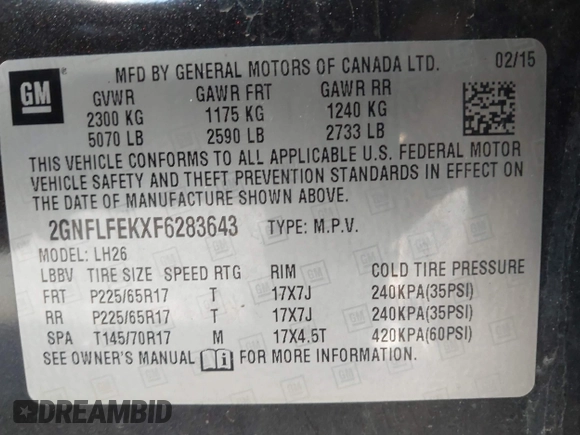 2015 Chevrolet Equinox LT with VIN 2GNFLFEKXF6283643, listed as a IAAI auction lot 41836238 with 239,907 mi miles. Bid and sale history available at carsss.com. Image 9.