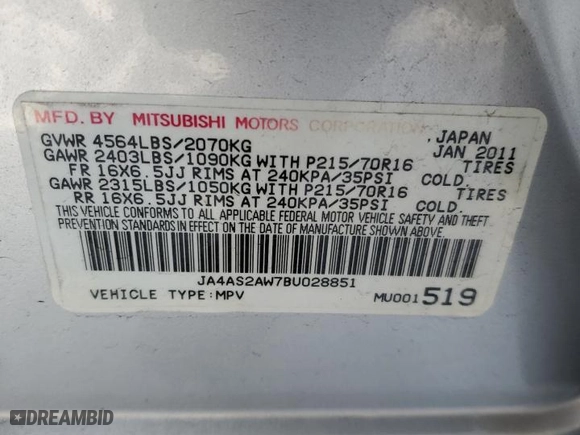 2011 Mitsubishi Outlander ES with VIN JA4AS2AW7BU028851, listed as a Copart auction lot 85541964 with 116,956 mi miles and Salvage Title. Bid and sale history available at carsss.com. Image 12.