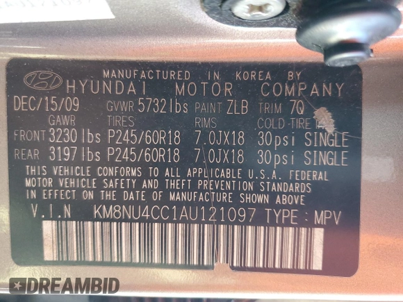 2010 Hyundai Veracruz Limited z VIN KM8NU4CC1AU121097, wystawiony jako Copart lot #55757695 z przebiegiem 130 673 mil mil oraz Szkoda całkowita • Salvage title. Historia ofert i sprzedaży dostępna na DreamBid. Obrazek 13.