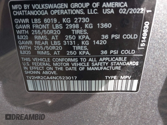 2022 Volkswagen Atlas 3.6L V6 SE w/Technology with VIN 1V2HR2CA4NC523017, listed as a IAAI auction lot 41754371 with 23,745 mi miles. Bid and sale history available at carsss.com. Image 9.