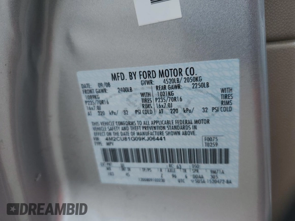 2009 Mercury Mariner with VIN 4M2CU81G09KJ06441, listed as a Copart auction lot 57080215 with 177,893 mi miles and Salvage title. Bid and sale history available at DreamBid. Image 12.