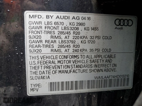 2017 Audi Q7 Premium Plus with VIN WA1LAAF74HD013210, listed as a Copart auction lot 49337825 with 82,450 mi miles and Salvage Title. Bid and sale history available at DreamBid. Image 13.