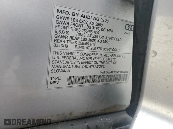 2021 Audi Q7 Premium z VIN WA1AJAF78MD014930, wystawiony jako Copart lot #45175585 z przebiegiem 52 921 mil mil oraz Szkoda całkowita • Salvage title. Historia ofert i sprzedaży dostępna na DreamBid. Obrazek 14.