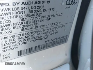 2019 Audi Q8 Prestige z VIN WA1FVAF12KD038238, wystawiony jako IAAI lot #41740092 z przebiegiem 55 699 mil mil oraz . Historia ofert i sprzedaży dostępna na DreamBid. Obrazek 9.