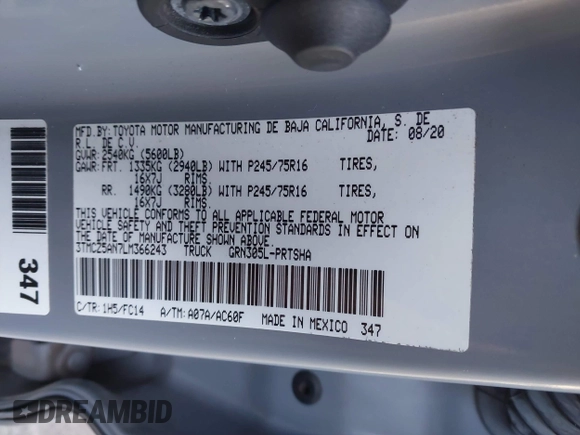 2020 Toyota Tacoma SR5 with VIN 3TMCZ5AN7LM366243, listed as a IAAI auction lot 41399117 with 58,126 mi miles and . Bid and sale history available at DreamBid. Image 9.