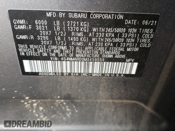 2021 Subaru Ascent Touring с VIN 4S4WMARD0M3459555, выставлен на аукционе Copart как лот 53685005 с пробегом 81 951 миль миль и Списание • Salvage title. История ставок и продаж доступна на DreamBid. Изображение 12.