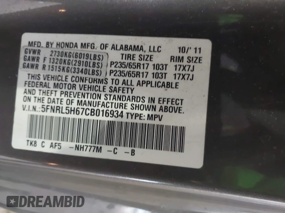2012 Honda Odyssey EX-L with VIN 5FNRL5H67CB016934, listed as a IAAI auction lot 42405714 with 248,512 mi miles and . Bid and sale history available at DreamBid. Image 9.
