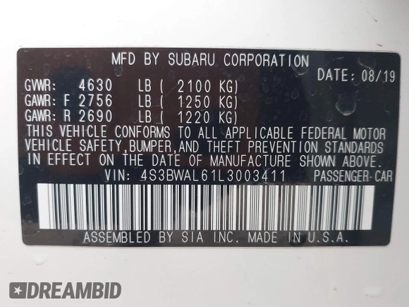 2020 Subaru Legacy Limited z VIN 4S3BWAL61L3003411, wystawiony jako IAAI lot #41847101 z przebiegiem 34 059 mil mil oraz . Historia ofert i sprzedaży dostępna na DreamBid. Obrazek 9.