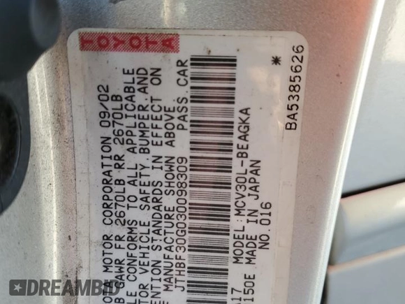 2003 Lexus ES 300 with VIN JTHBF30G030098309, listed as a Copart auction lot 44358635 with 284,183 mi miles and Salvage Title. Bid and sale history available at DreamBid. Image 12.