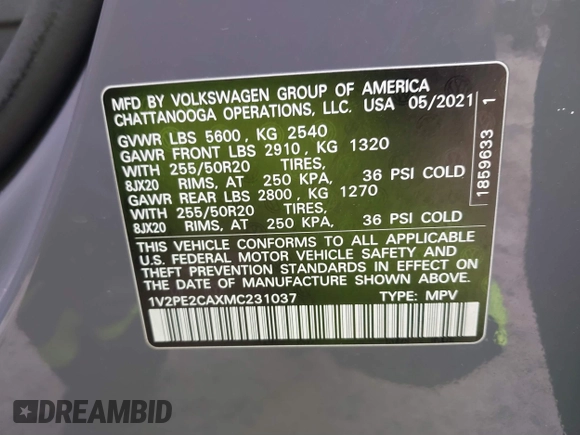 2021 Volkswagen Atlas SE with VIN 1V2PE2CAXMC231037, listed as a IAAI auction lot 41380581 with 40,889 mi miles and . Bid and sale history available at DreamBid. Image 9.