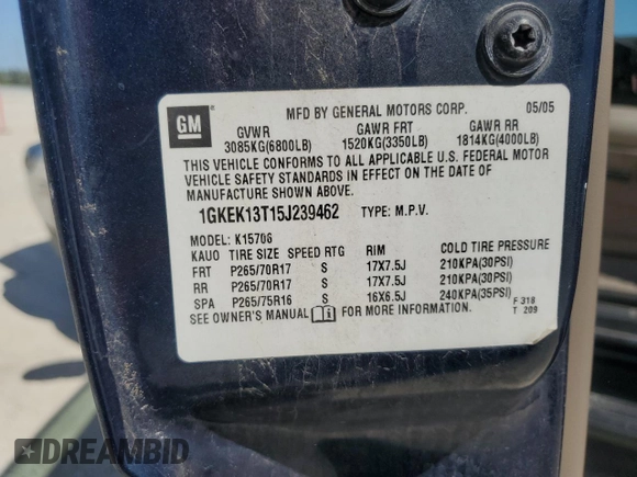 2005 GMC Yukon SLT with VIN 1GKEK13T15J239462, listed as a Copart auction lot 52131435 with 164,696 mi miles and Salvage Title. Bid and sale history available at carsss.com. Image 13.