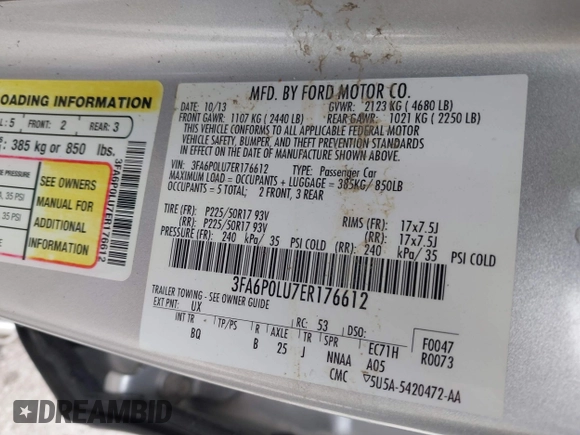 2014 Ford Fusion SE Hybrid with VIN 3FA6P0LU7ER176612, listed as a IAAI auction lot 41456075 with 101,621 mi miles and . Bid and sale history available at DreamBid. Image 9.