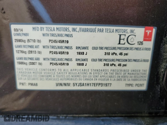 2014 Tesla Model S 60 with VIN 5YJSA1H17EFP31977, listed as a Copart auction lot 62521525 with Not provided miles and Clean title. Bid and sale history available at DreamBid. Image 13.