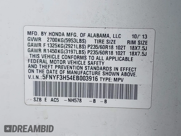 2014 Honda Pilot EX-L with VIN 5FNYF3H54EB003916, listed as a IAAI auction lot 41518679 with 147,456 mi miles. Bid and sale history available at carsss.com. Image 9.