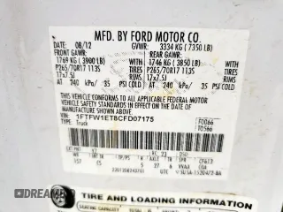 2012 Ford F-150 XL с VIN 1FTFW1ET8CFD07175, выставлен на аукционе Copart как лот 57346965 с пробегом Не указан миль и Списание • Salvage title. История ставок и продаж доступна на DreamBid. Изображение 12.