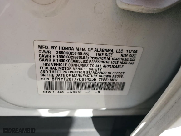 2007 Honda Pilot LX with VIN 5FNYF28177B014256, listed as a Copart auction lot 85744684 with 0 mi miles and Salvage Title. Bid and sale history available at carsss.com. Image 14.
