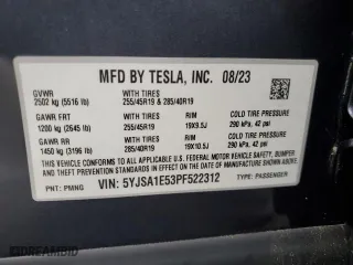 2023 Tesla Model S with VIN 5YJSA1E53PF522312, listed as a Copart auction lot 83359764 with 0 mi miles and Salvage Title. Bid and sale history available at carsss.com. Image 13.