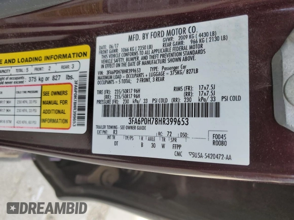 2017 Ford Fusion SE with VIN 3FA6P0H78HR399653, listed as a Copart auction lot 86915704 with 124,088 mi miles and Salvage Title. Bid and sale history available at DreamBid. Image 12.