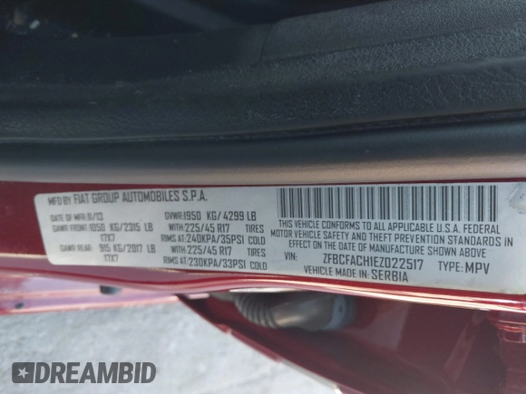 2014 FIAT 500L Lounge with VIN ZFBCFACH1EZ022517, listed as a IAAI auction lot 41783768 with 100,797 mi miles and . Bid and sale history available at DreamBid. Image 9.