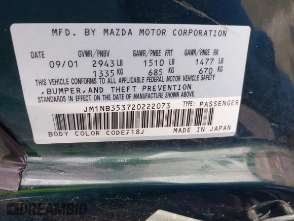2002 Mazda MX-5 Miata Cloth z VIN JM1NB353720222073, wystawiony jako IAAI lot #42225042 z przebiegiem 94 992 mil mil oraz . Historia ofert i sprzedaży dostępna na DreamBid. Obrazek 9.