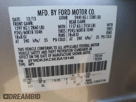2014 Ford Edge Limited with VIN 2FMDK3KC9EBA19149, listed as a Copart auction lot 46194875 with 114,199 mi miles and Salvage Title. Bid and sale history available at carsss.com. Image 12.