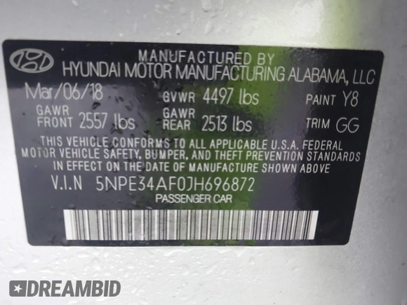 2018 Hyundai Sonata SEL with VIN 5NPE34AF0JH696872, listed as a IAAI auction lot 41070305 with 121,000 mi miles and . Bid and sale history available at DreamBid. Image 9.