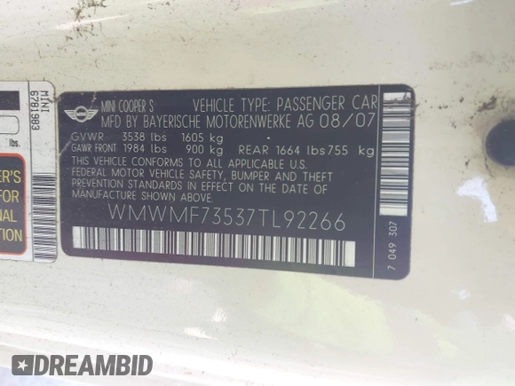 2007 MINI Hardtop S с VIN WMWMF73537TL92266, выставлен на аукционе IAAI как лот 42532567 с пробегом 161 717 миль миль и . История ставок и продаж доступна на DreamBid. Изображение 9.