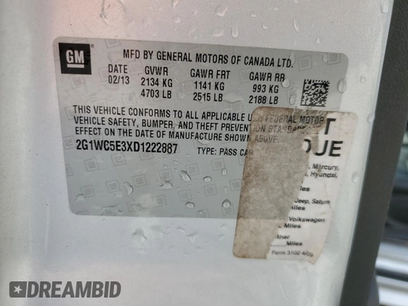 2013 Chevrolet Impala LTZ with VIN 2G1WC5E3XD1222887, listed as a Copart auction lot 51612205 with 200,526 mi miles and Salvage Title. Bid and sale history available at DreamBid. Image 12.