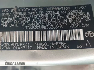 2008 Toyota Prius with VIN JTDKB20U983336368, listed as a IAAI auction lot 42646812 with 153,814 mi miles and . Bid and sale history available at DreamBid. Image 9.