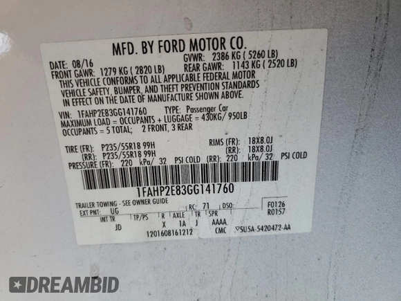 2016 Ford Taurus SEL with VIN 1FAHP2E83GG141760, listed as a Copart auction lot 49679605 with 110,447 mi miles and Salvage Title. Bid and sale history available at DreamBid. Image 12.