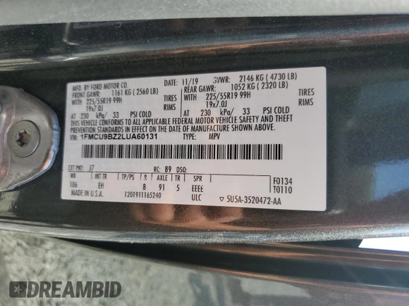 2020 Ford Escape SE Sport Hybrid with VIN 1FMCU9BZ2LUA60131, listed as a Copart auction lot 53796425 with 73,370 mi miles and Salvage title. Bid and sale history available at DreamBid. Image 14.