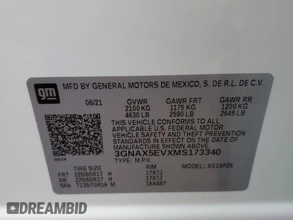 2021 Chevrolet Equinox LS with VIN 3GNAX5EVXMS173340, listed as a Copart auction lot 43257585 with 76,384 mi miles and Clean title. Bid and sale history available at DreamBid. Image 13.