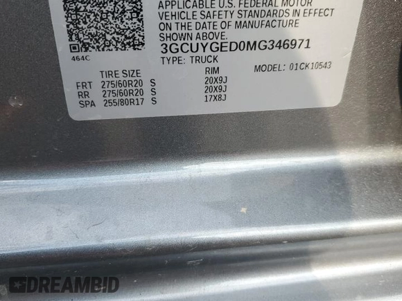 2021 Chevrolet Silverado 1500 LTZ with VIN 3GCUYGED0MG346971, listed as a Copart auction lot 44255635 with 51,534 mi miles and Salvage Title. Bid and sale history available at DreamBid. Image 12.