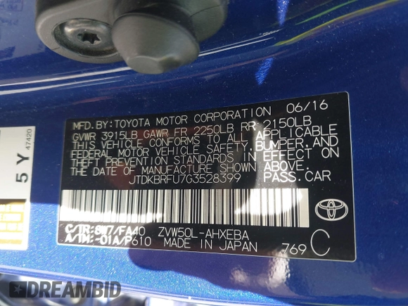 2016 Toyota Prius Two z VIN JTDKBRFU7G3528399, wystawiony jako IAAI lot #41975628 z przebiegiem 188 282 mil mil oraz . Historia ofert i sprzedaży dostępna na DreamBid. Obrazek 9.