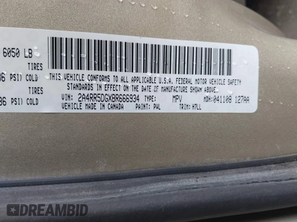 2011 Chrysler Town & Country Touring with VIN 2A4RR5DGXBR666934, listed as a IAAI auction lot 42022807 with 125,920 mi miles and . Bid and sale history available at DreamBid. Image 9.