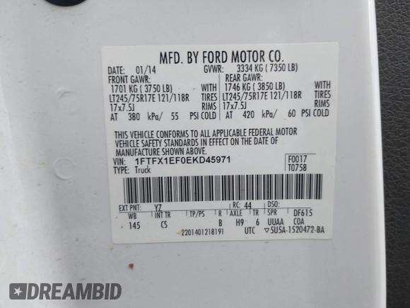2014 Ford F-150 XL z VIN 1FTFX1EF0EKD45971, wystawiony jako IAAI lot #41952029 z przebiegiem 168 634 mil mil oraz . Historia ofert i sprzedaży dostępna na DreamBid. Obrazek 9.
