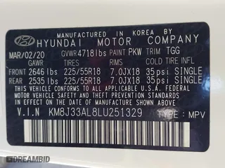 2020 Hyundai Tucson Sport with VIN KM8J33AL8LU251329, listed as a IAAI auction lot 41254246 with 61,626 mi miles. Bid and sale history available at carsss.com. Image 9.