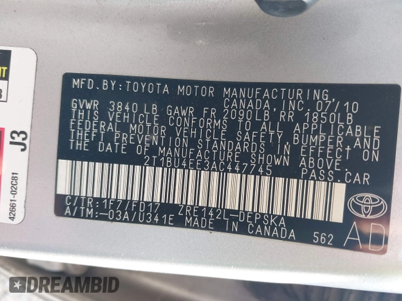 2010 Toyota Corolla with VIN 2T1BU4EE3AC447745, listed as a IAAI auction lot 42692292 with 181,328 mi miles and . Bid and sale history available at DreamBid. Image 9.
