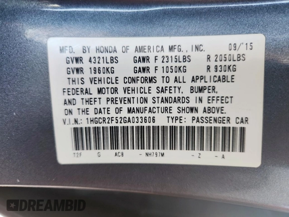 2016 Honda Accord Sport with VIN 1HGCR2F52GA033606, listed as a Copart auction lot 62318775 with 368,233 mi miles and Salvage title. Bid and sale history available at DreamBid. Image 12.